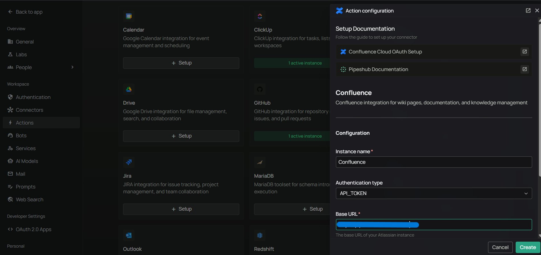 Admin Actions dialog — API Token method shows only Instance Name and Atlassian Site URL