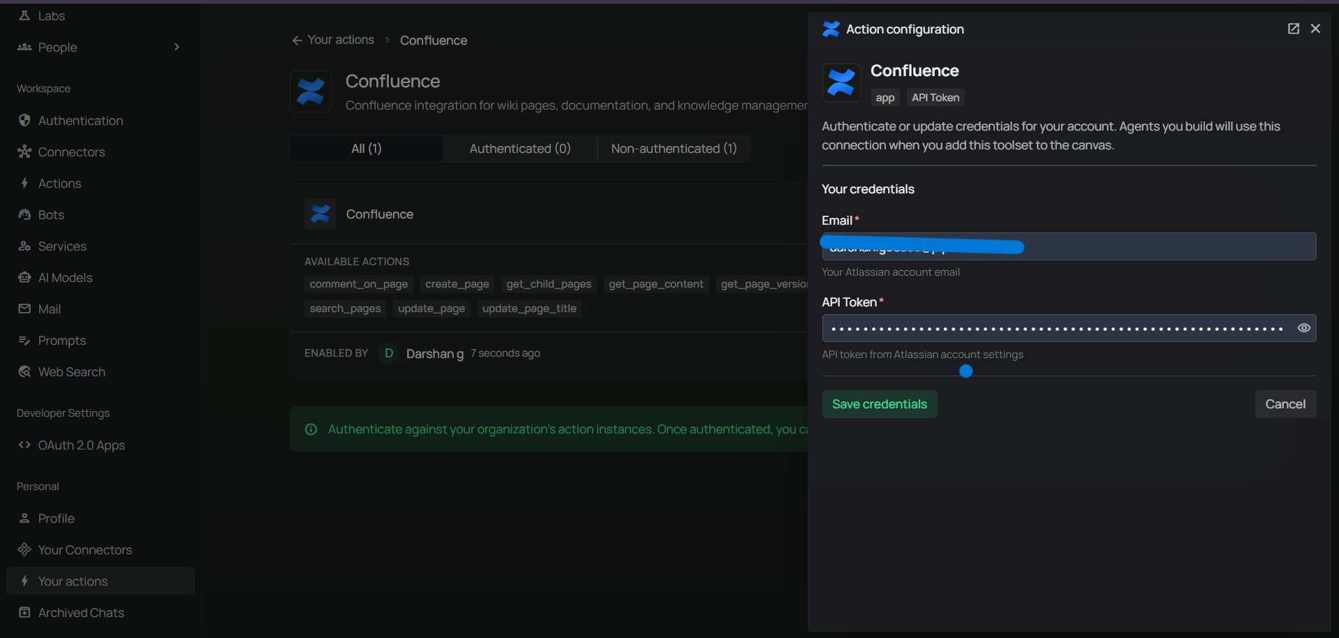 Your actions — enter Email and API Token