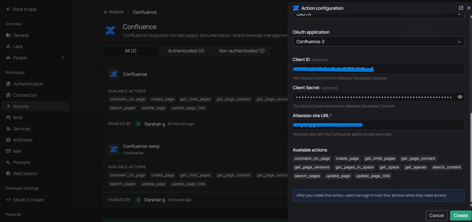 Enter Client ID, Client Secret, and Atlassian Site URL in PipesHub