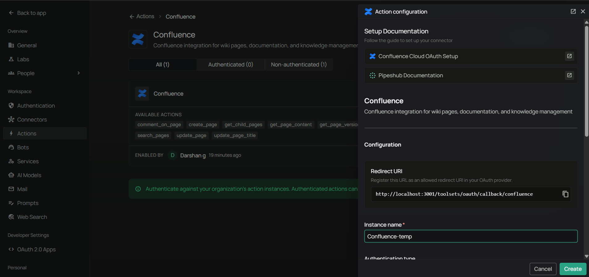 PipesHub Configure Confluence toolset — copy the Redirect URI