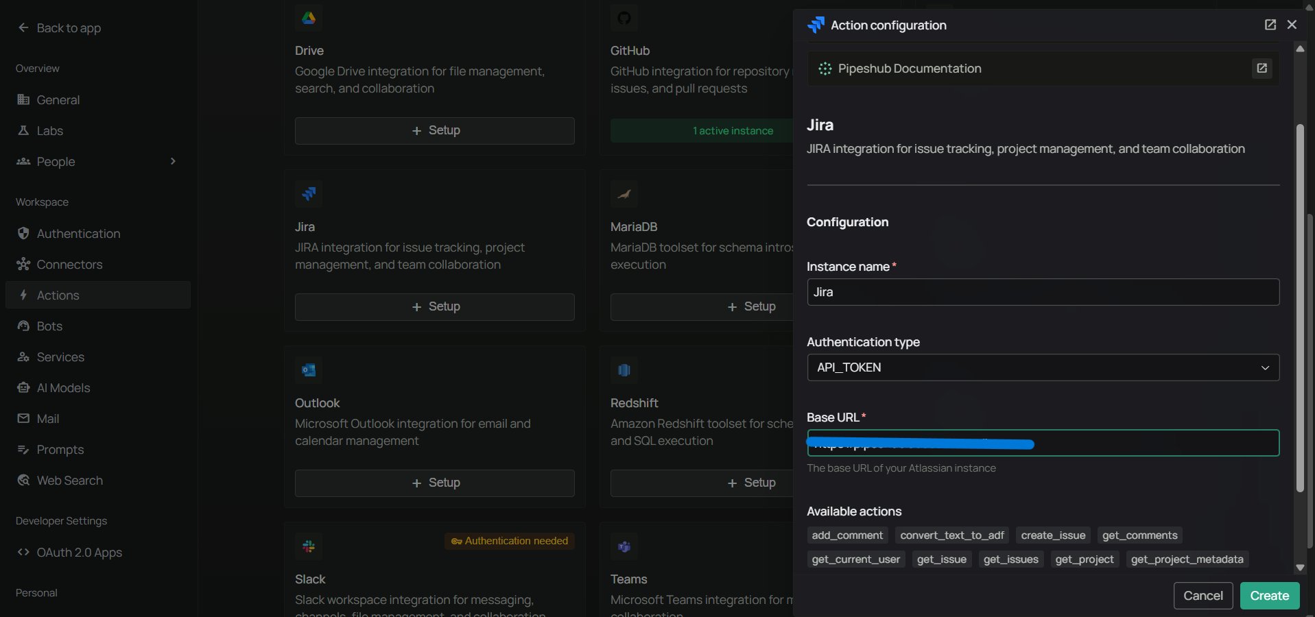Admin Actions dialog — API Token method shows only Instance Name and Atlassian Site URL