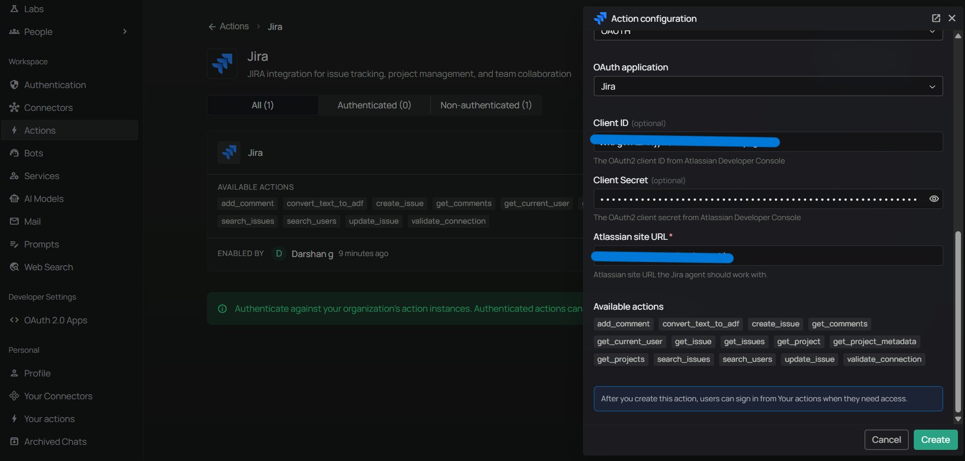 Enter Client ID, Client Secret, and Atlassian Site URL in PipesHub