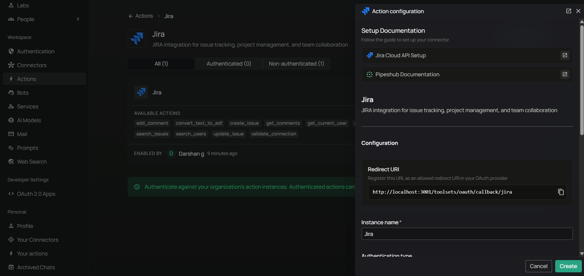 PipesHub Configure Jira toolset — copy the Redirect URI