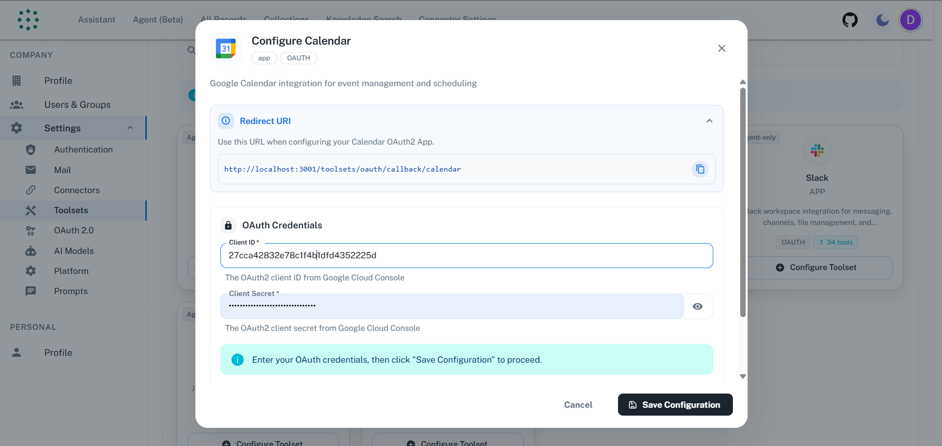 Enter Credentials in PipesHub