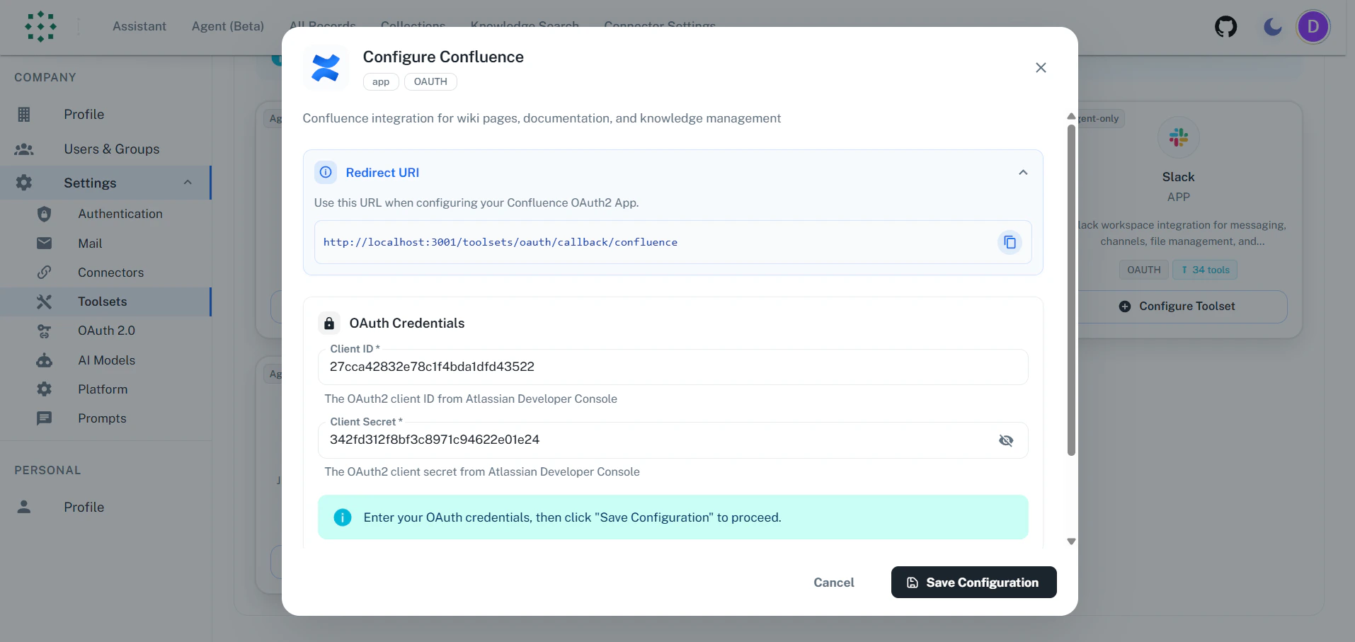 Enter Credentials in PipesHub