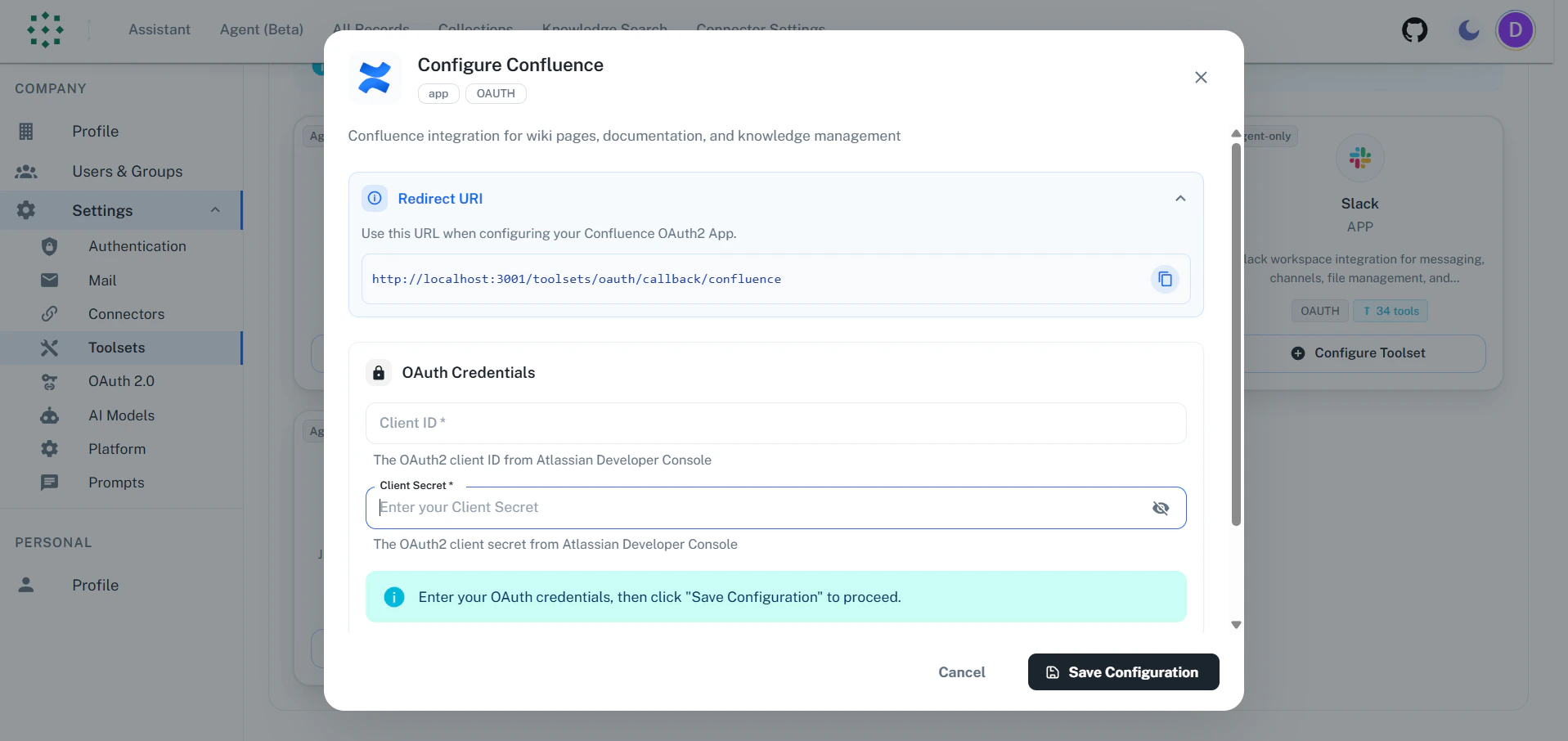 Copy Redirect URI from PipesHub