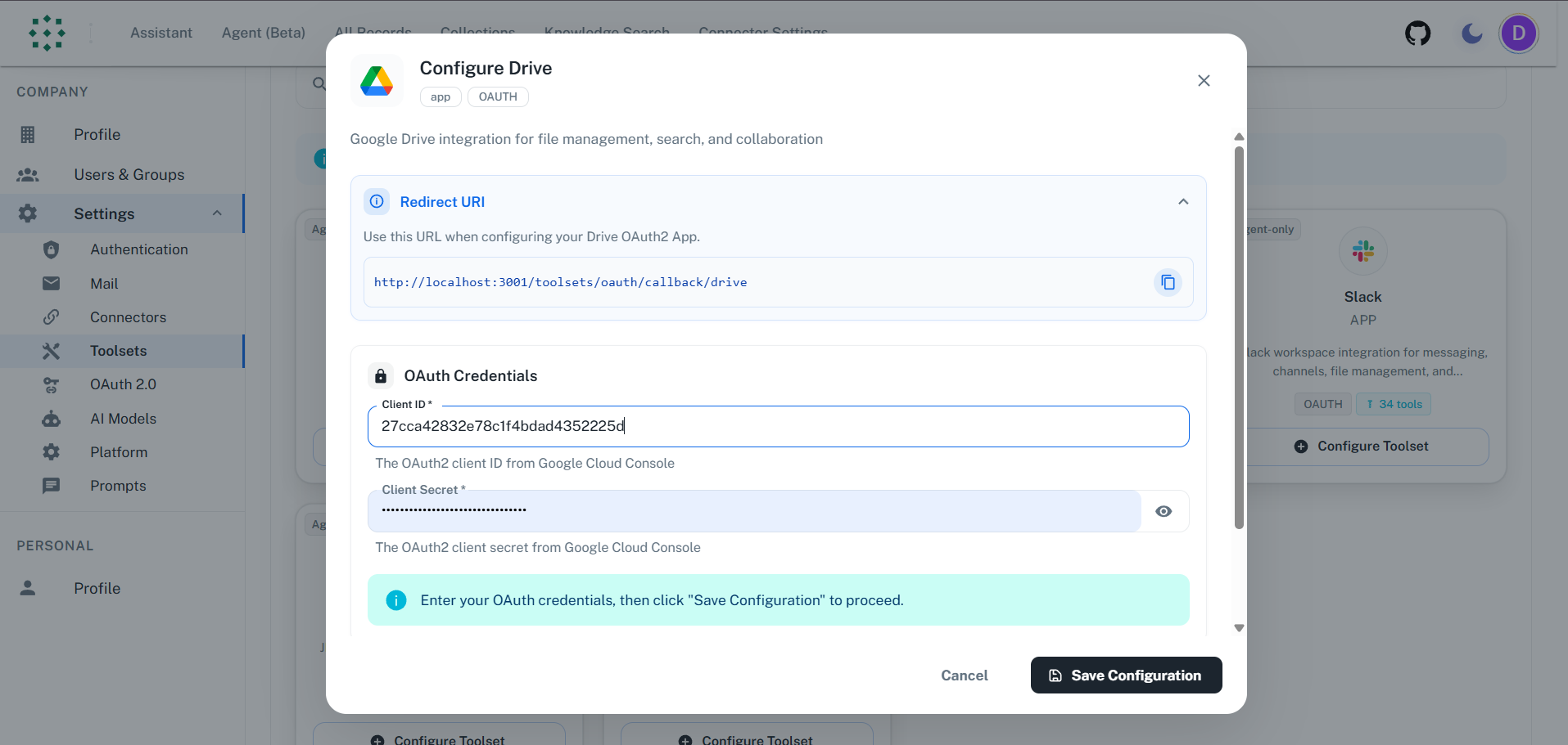 Enter Credentials in PipesHub