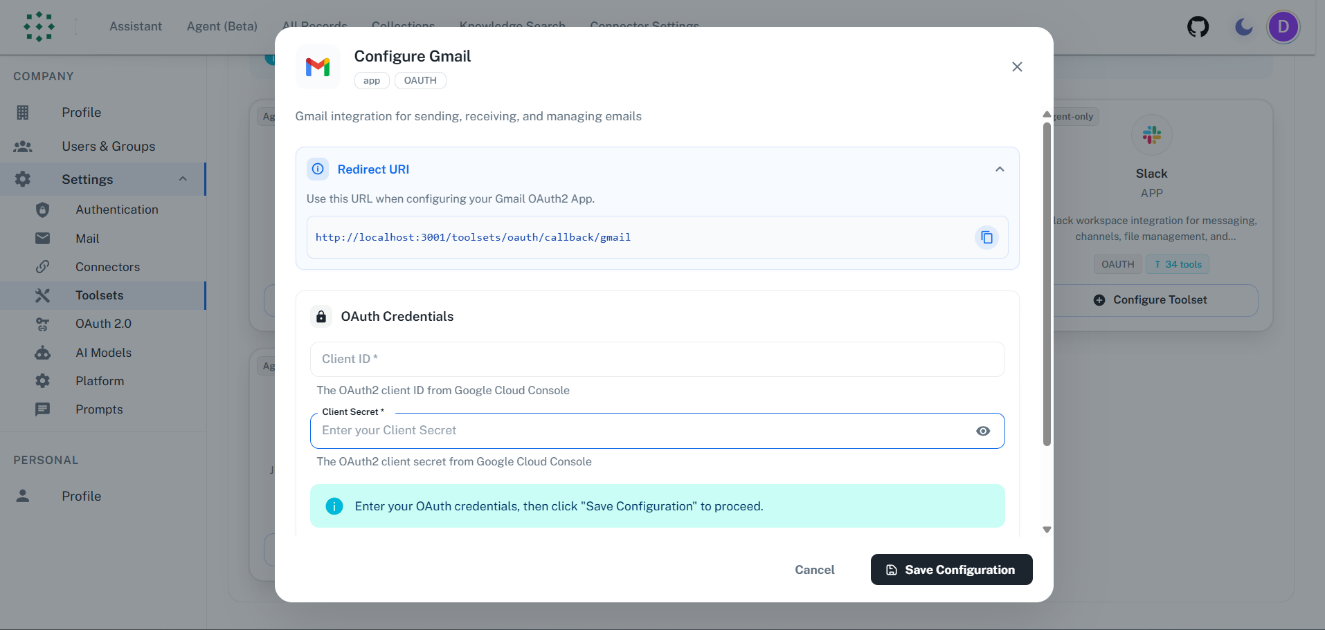 Copy Redirect URI from PipesHub