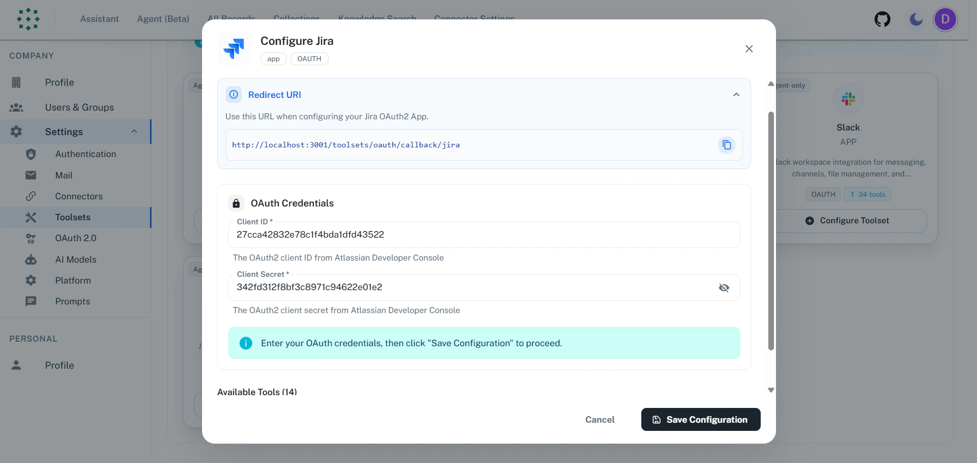 Enter Credentials in PipesHub