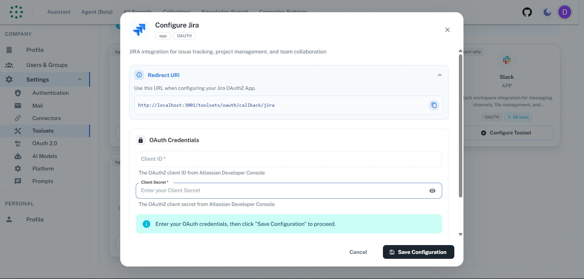 Copy Redirect URI from PipesHub
