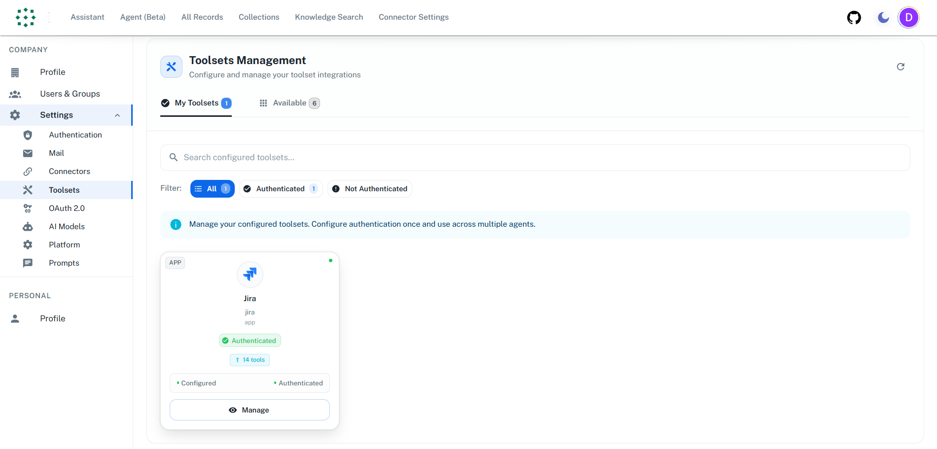 Navigate to Toolsets Settings
