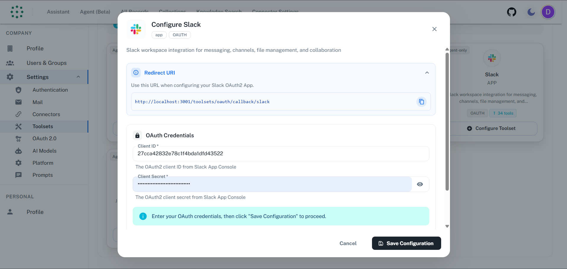 Enter Credentials in PipesHub