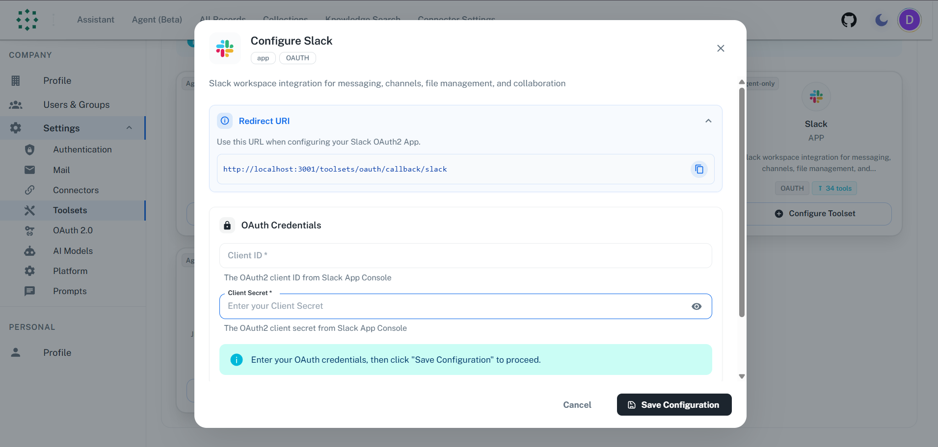 Copy Redirect URI from PipesHub