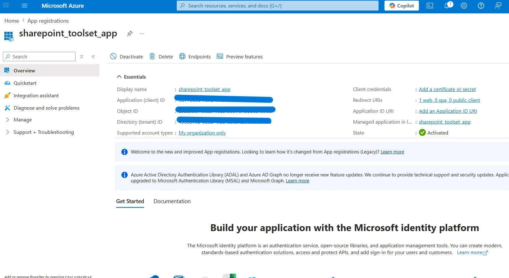 App registration Overview with client and tenant IDs