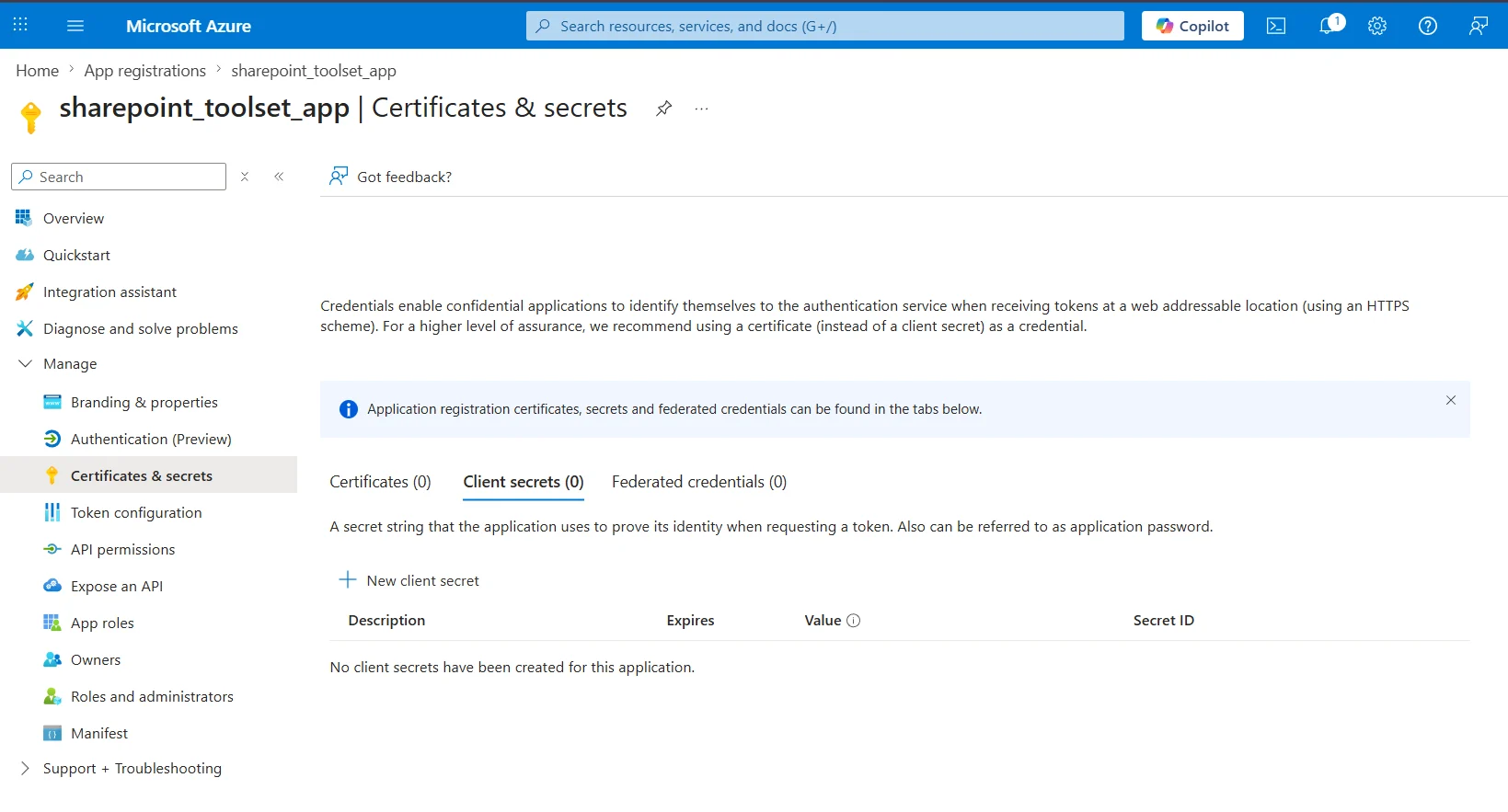 Certificates and secrets with new client secret