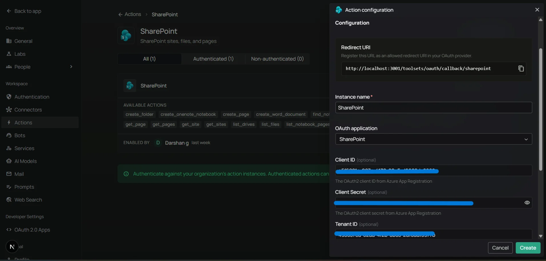 Workspace Actions SharePoint toolset configuration