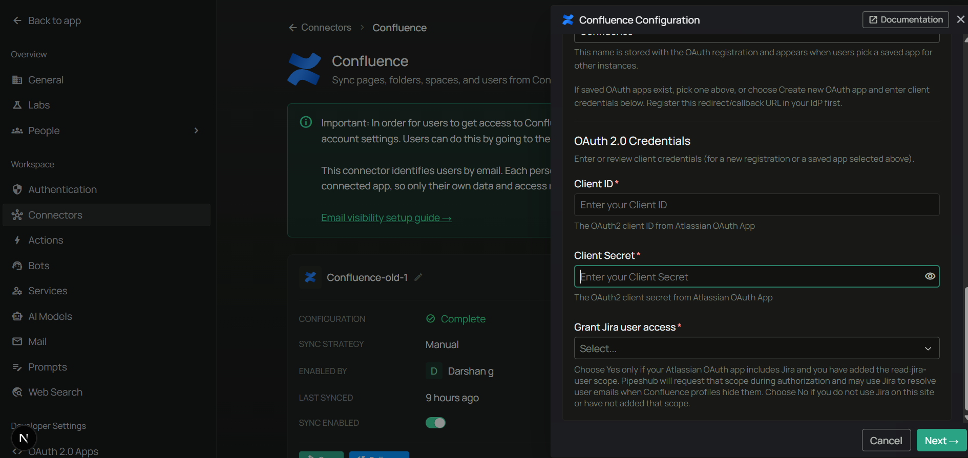 Authenticate Instance tab — enter Client ID, Client Secret, and Grant Jira user access