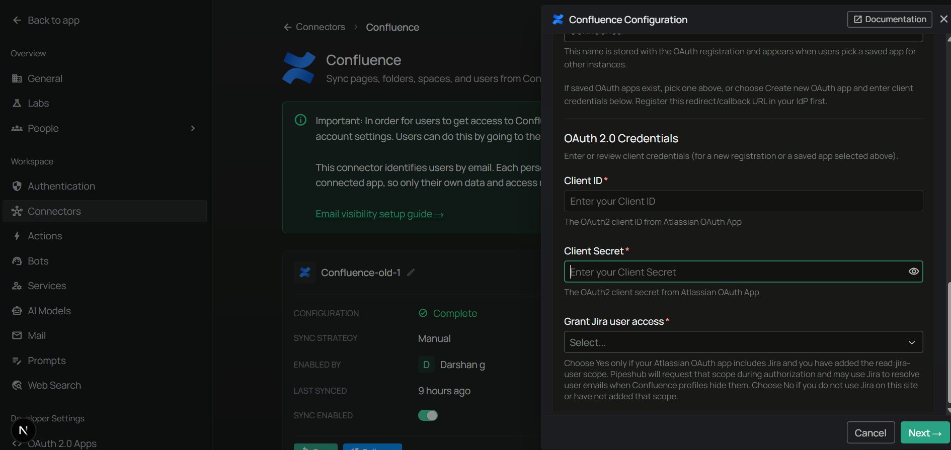 Authenticate Instance tab — enter Client ID, Client Secret, and Grant Jira user access