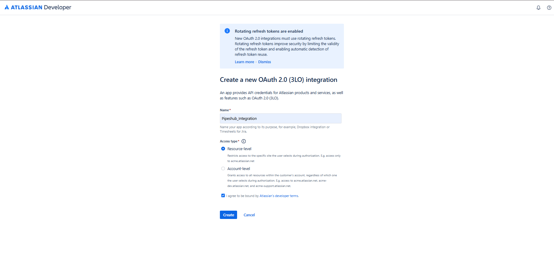 Create OAuth 2.0 Integration Form