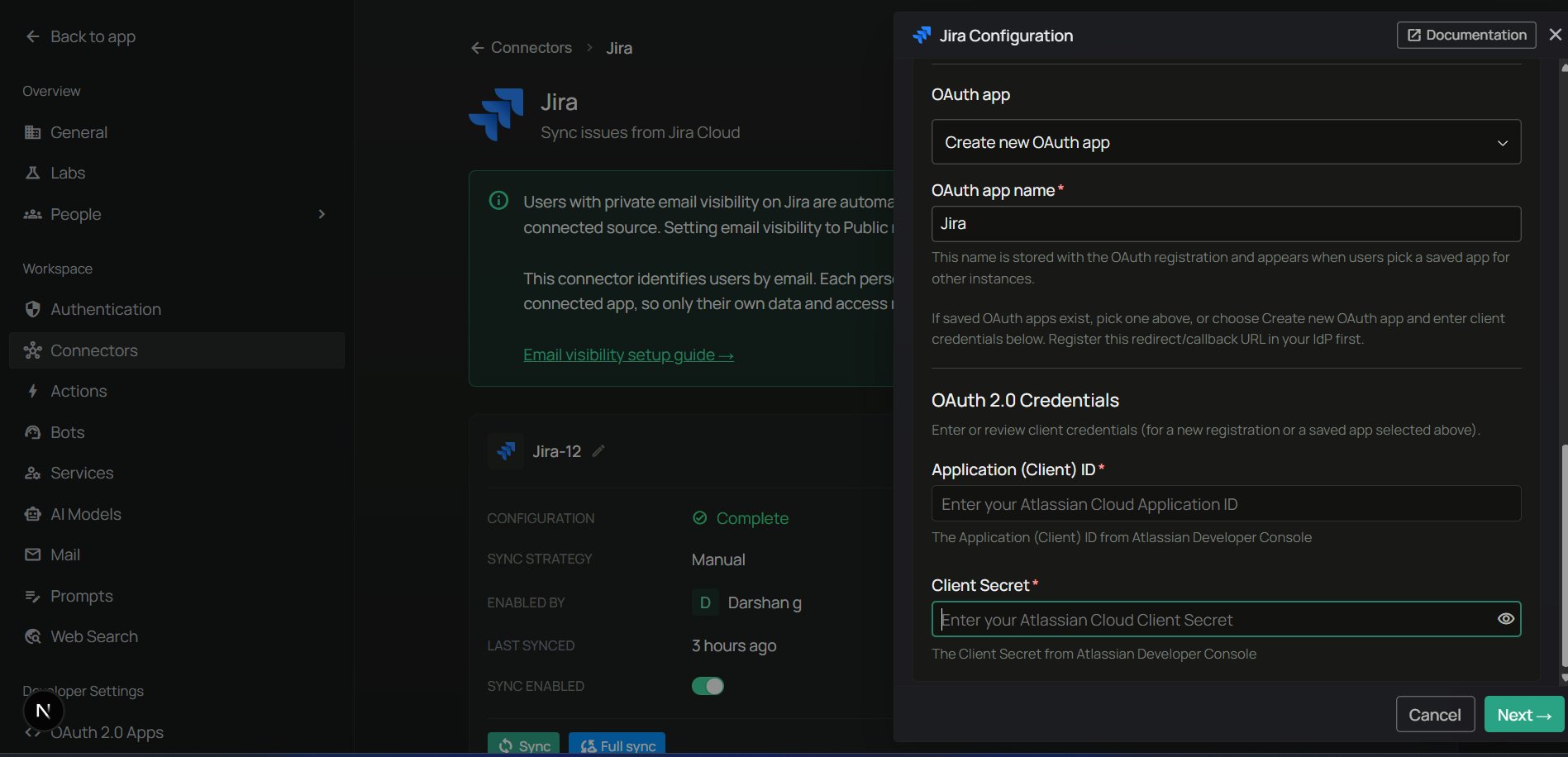 Authenticate Instance tab — enter Client ID and Client Secret