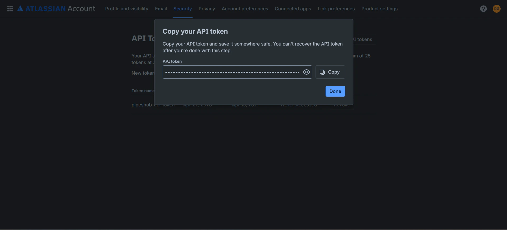 Copy the API token — shown once