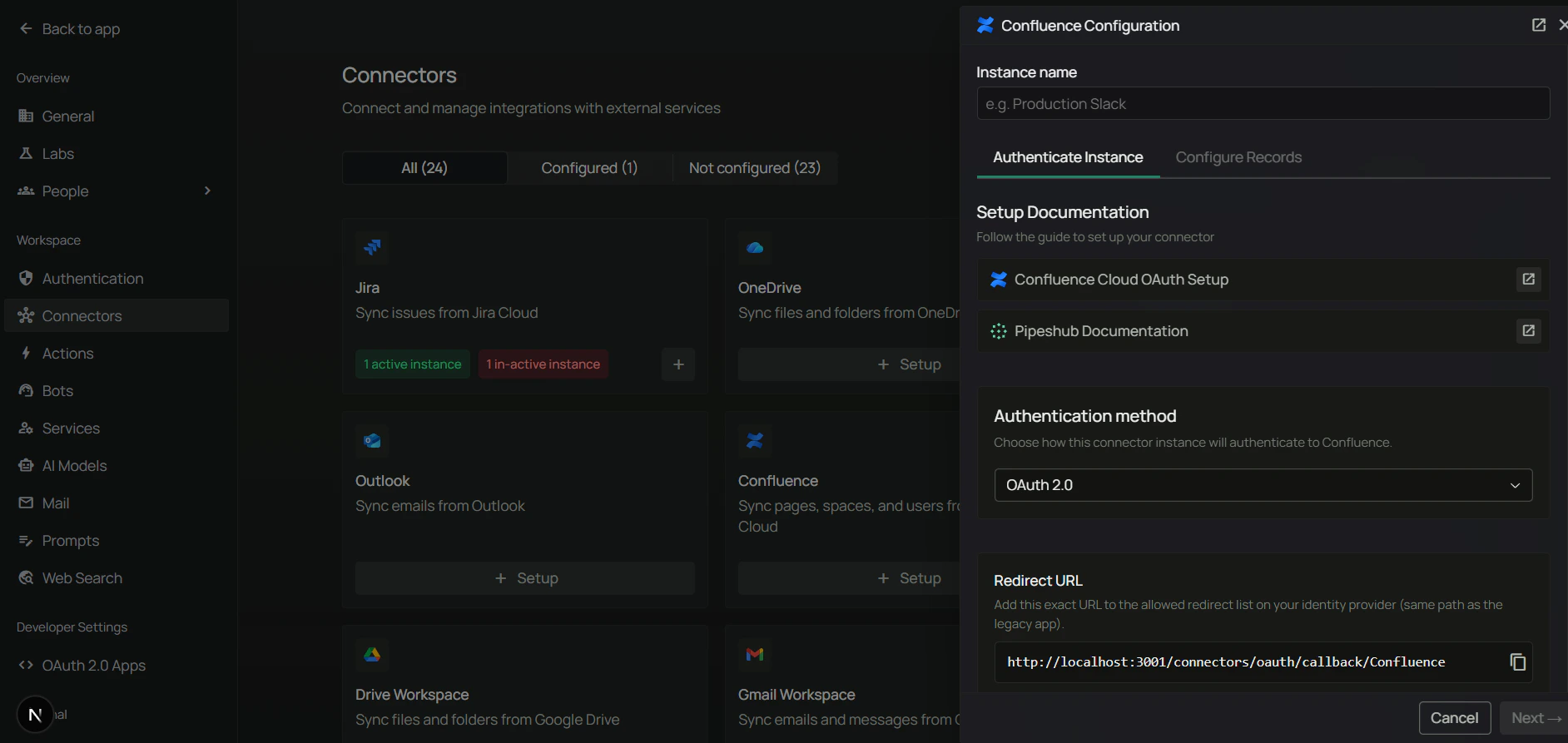 PipesHub Confluence Authenticate Instance tab — copy the Redirect URL