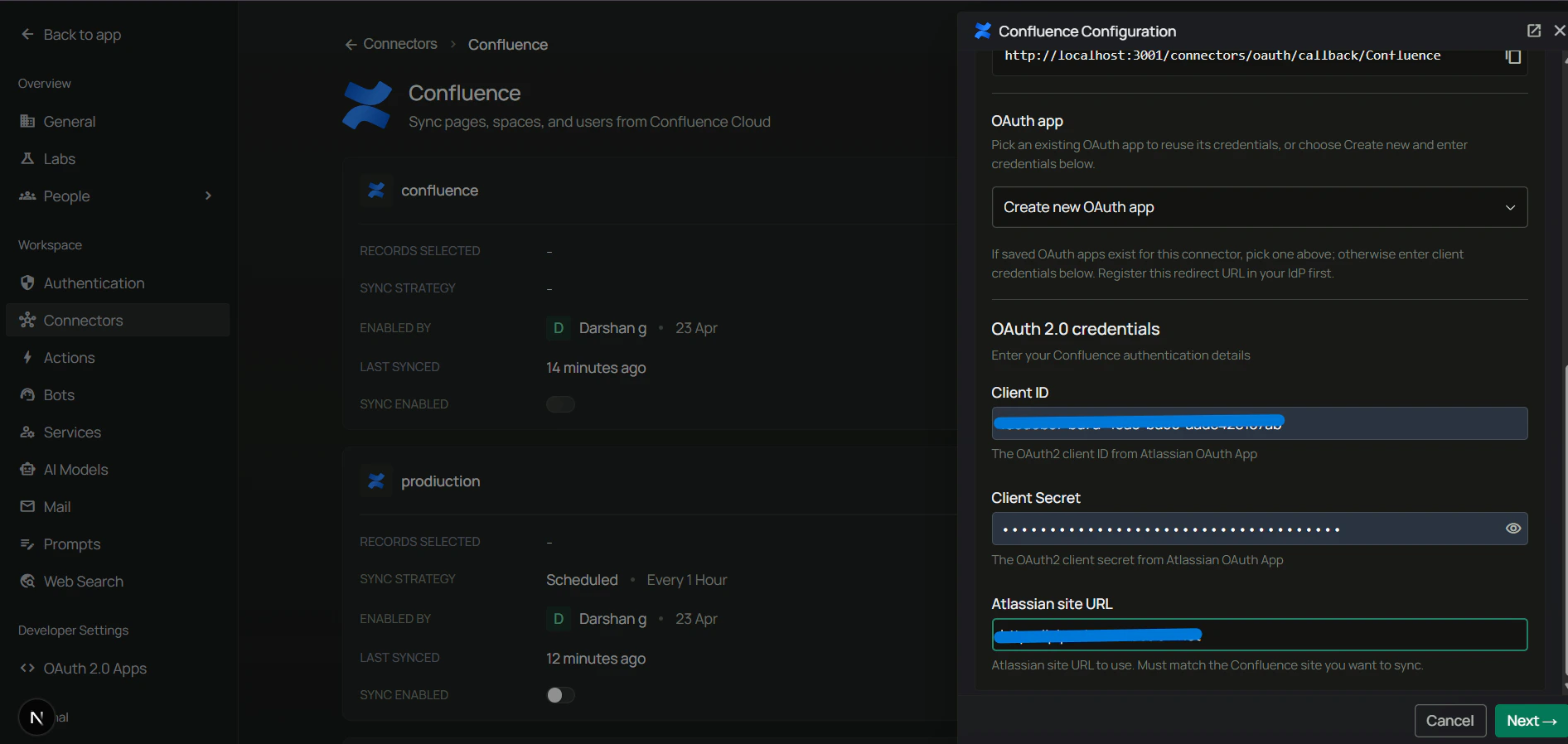 Authenticate Instance tab — enter Client ID, Client Secret, and Atlassian Site URL