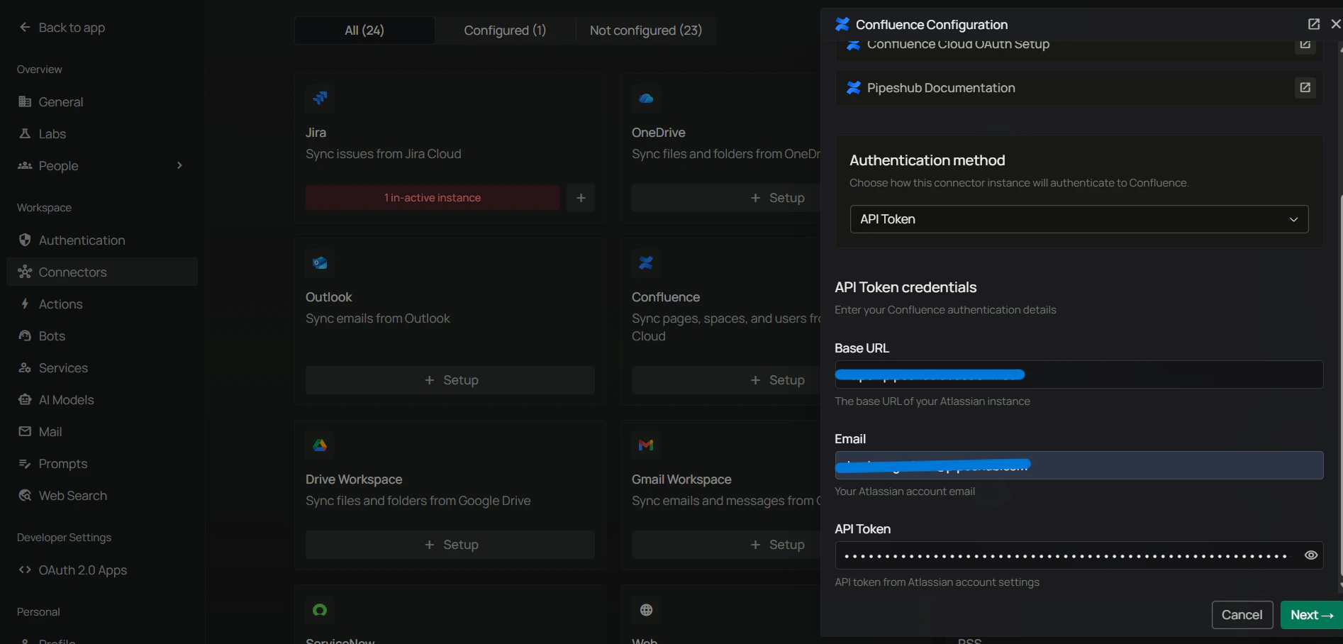 Authenticate Instance tab with API Token method — Base URL, Email, API Token fields