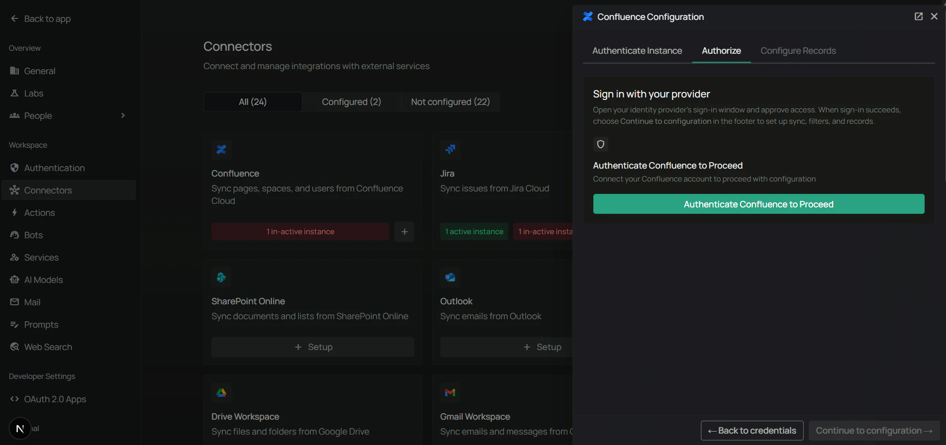 PipesHub Authorize tab with the Authenticate button