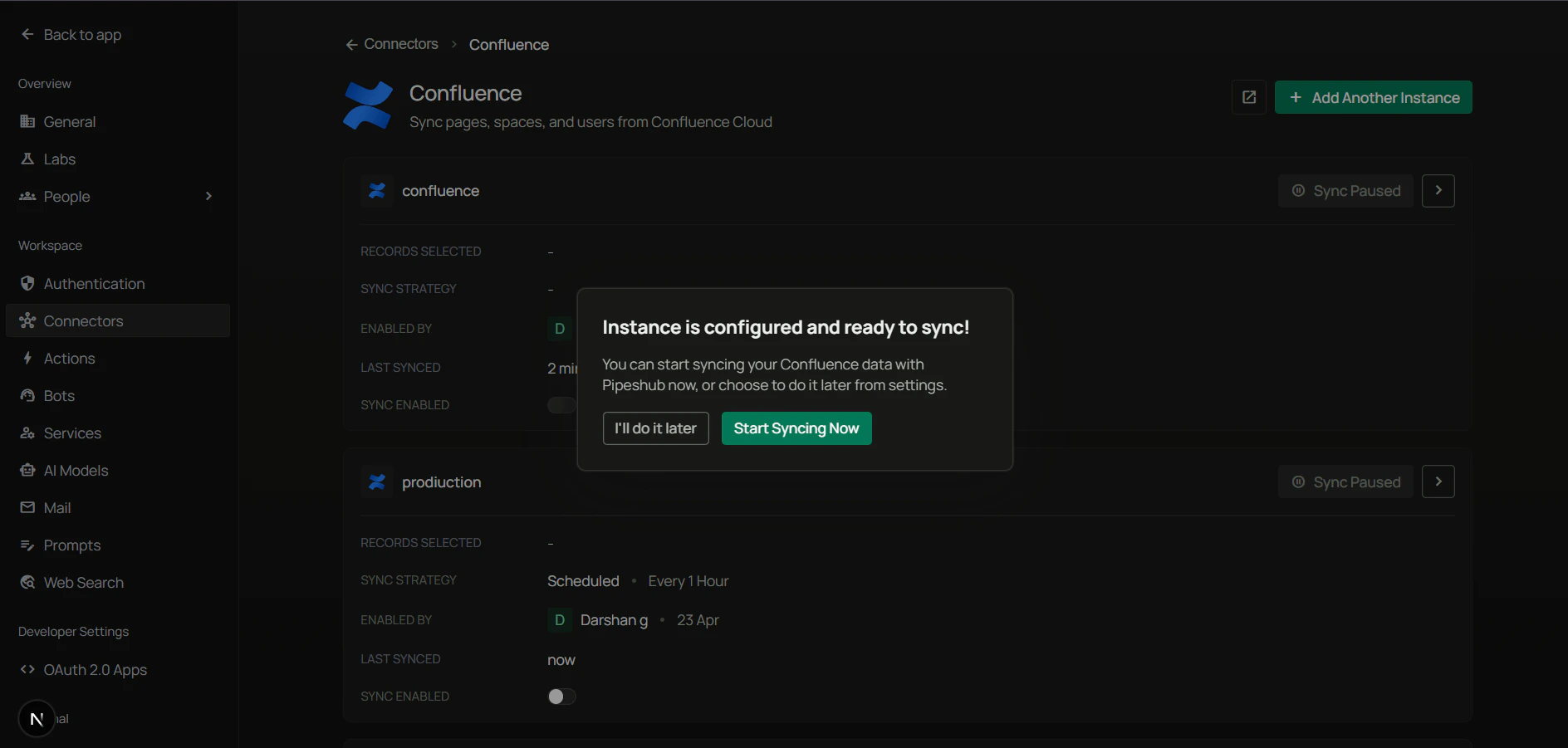 Instance is configured and ready to sync — I'll do it later or Start syncing now