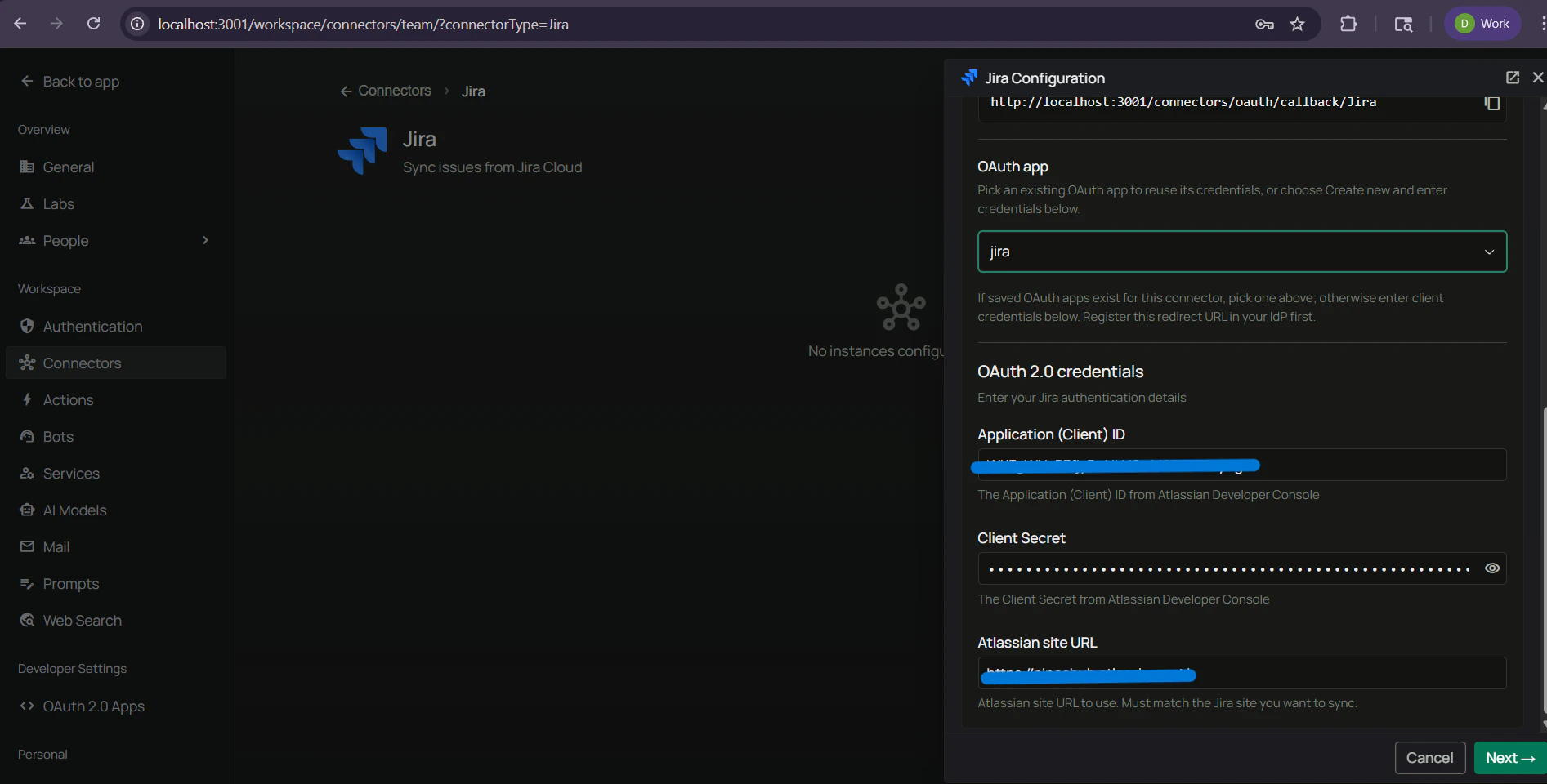 Authenticate Instance tab — enter Client ID, Client Secret, and Atlassian Site URL