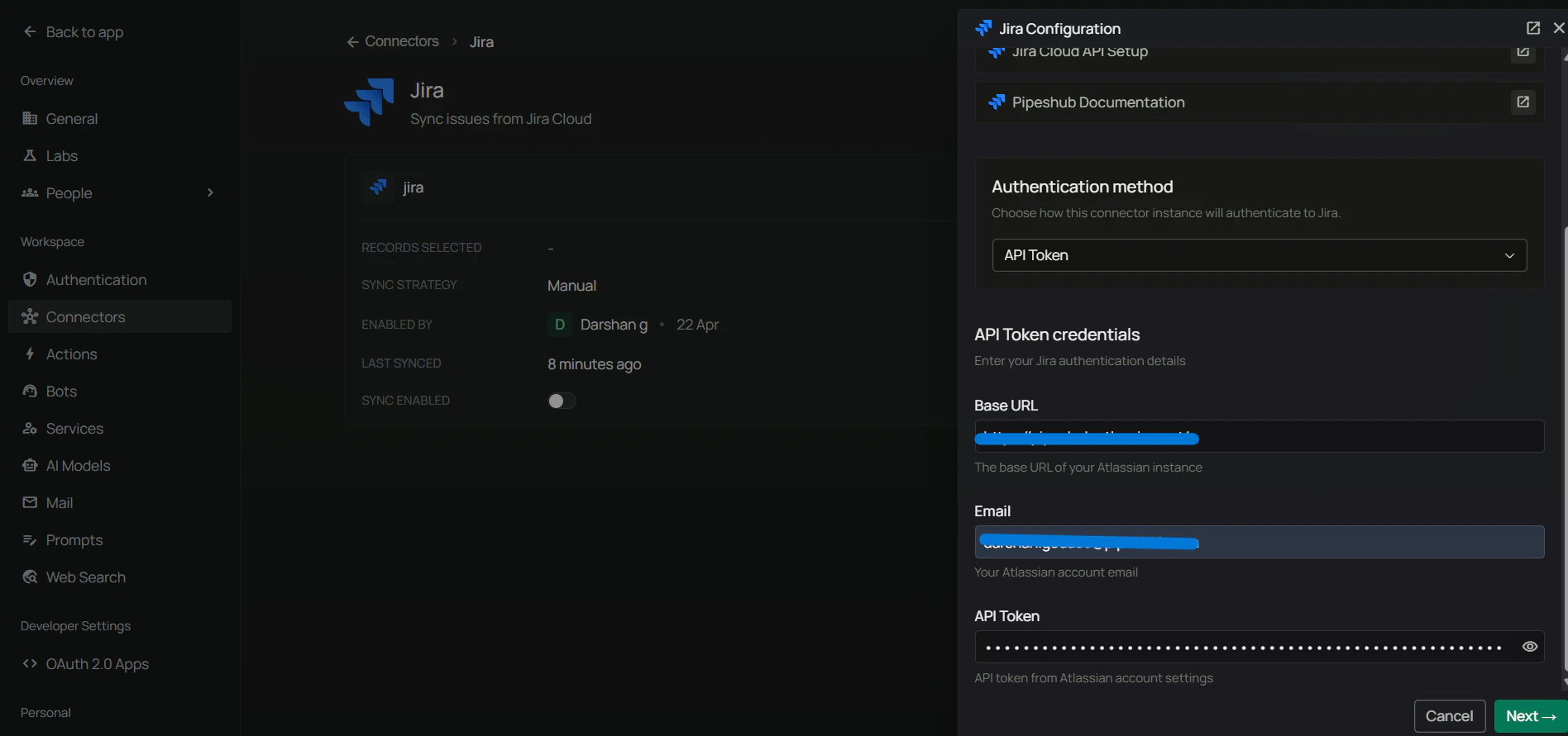 Authenticate Instance tab with API Token method — Base URL, Email, API Token fields