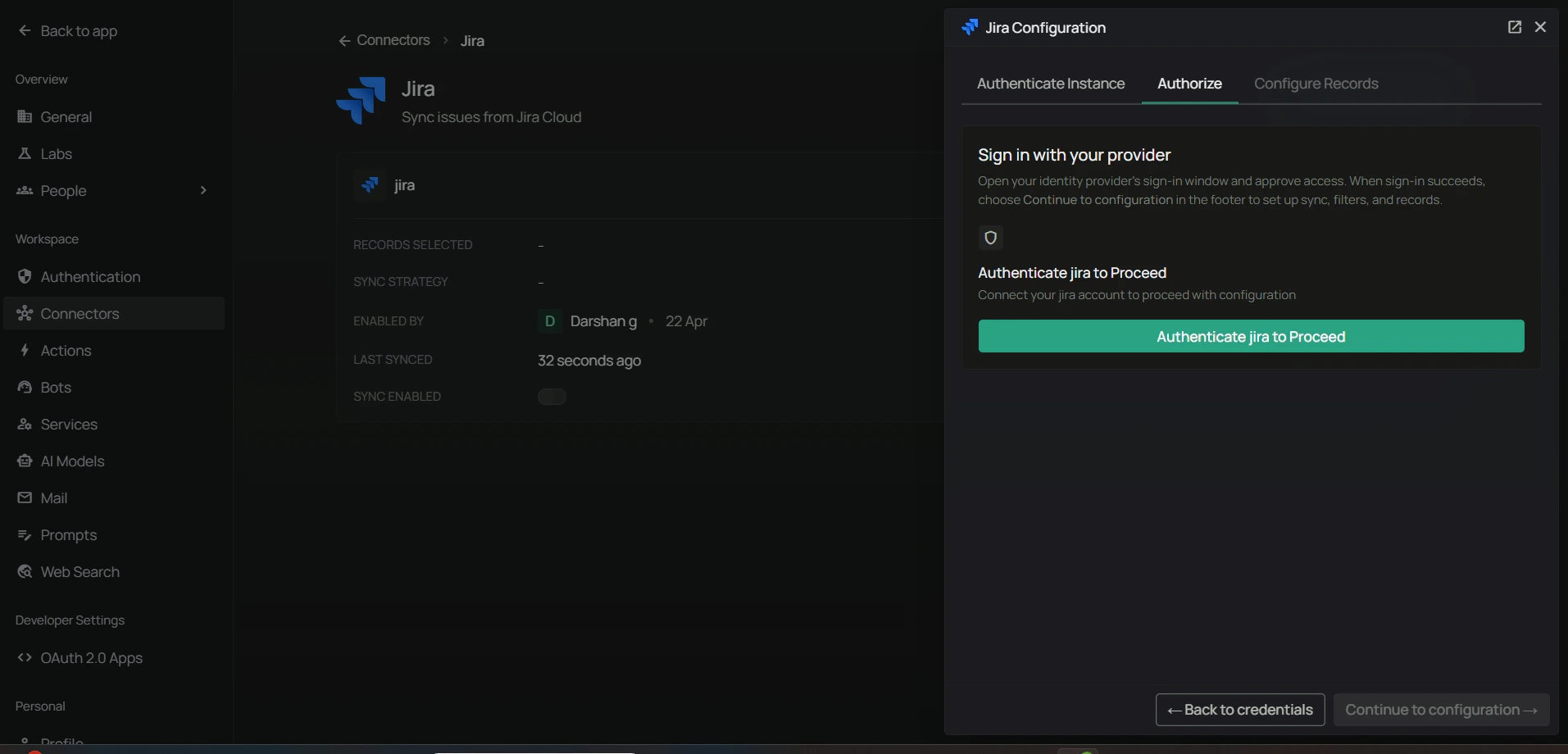PipesHub Authorize tab with the Authenticate button