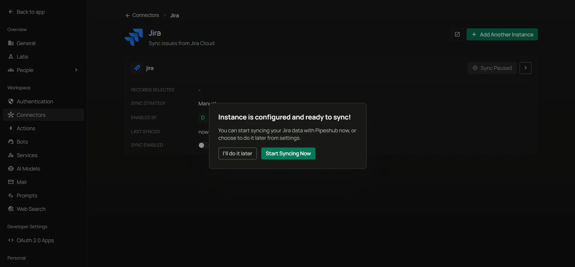 Instance is configured and ready to sync — I'll do it later or Start syncing now