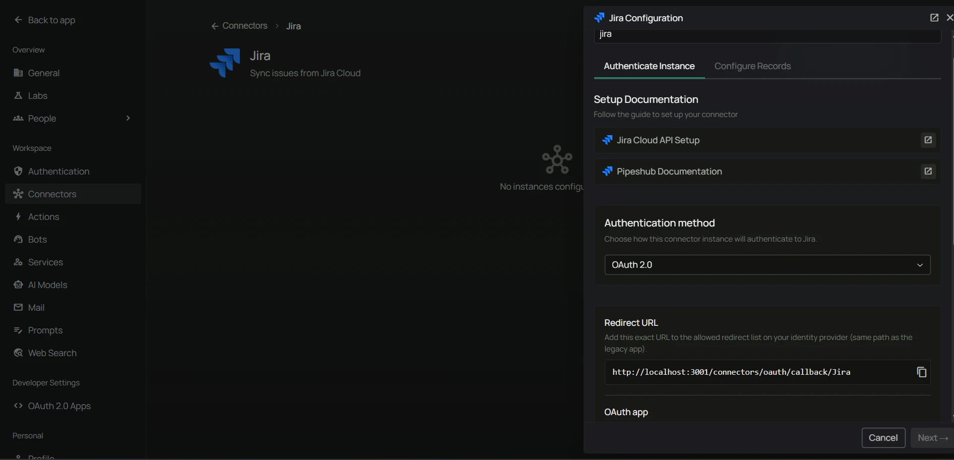 PipesHub Jira Authenticate Instance tab — copy the Redirect URL
