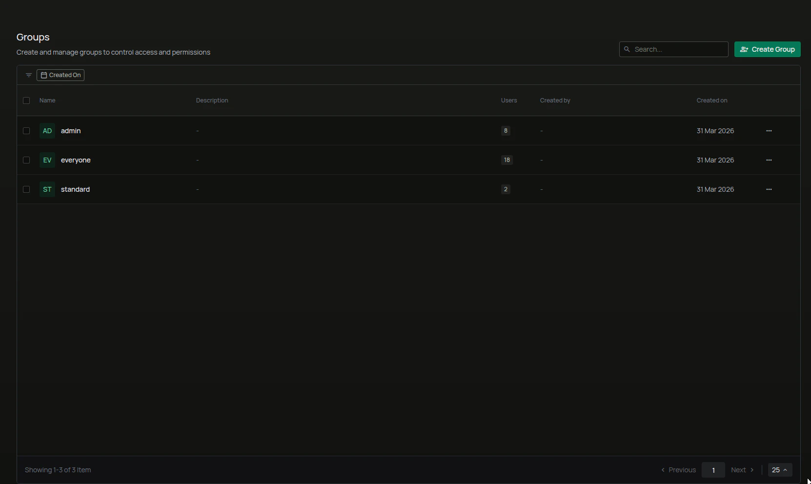 Groups list with Create Group button