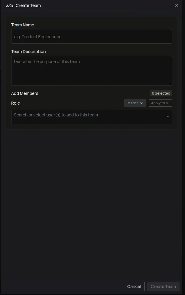 Create Team side panel with name, description, default role, and member selection
