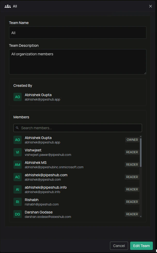 Team detail panel showing team information and members