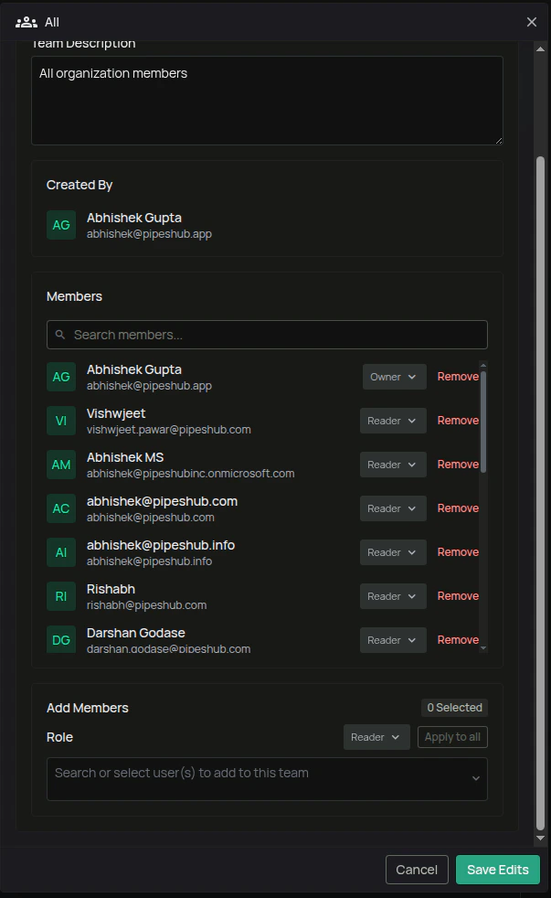 Team detail panel in edit mode with Add Members and per-member role controls