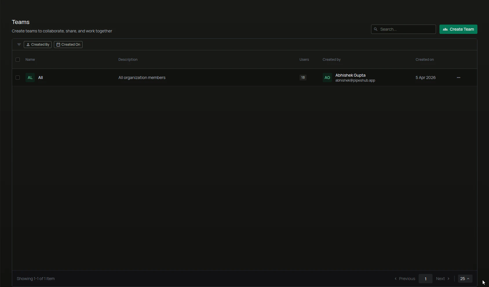 Teams list page with search and filters