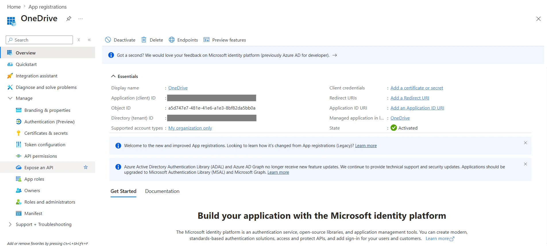 App registration Overview with client and tenant IDs