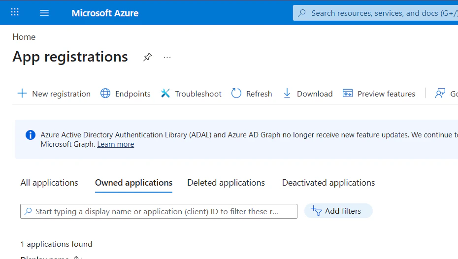 App registrations list with New registration