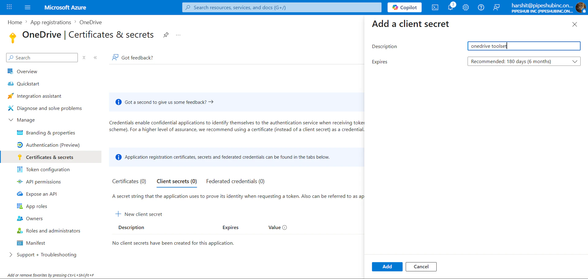 Certificates and secrets with new client secret