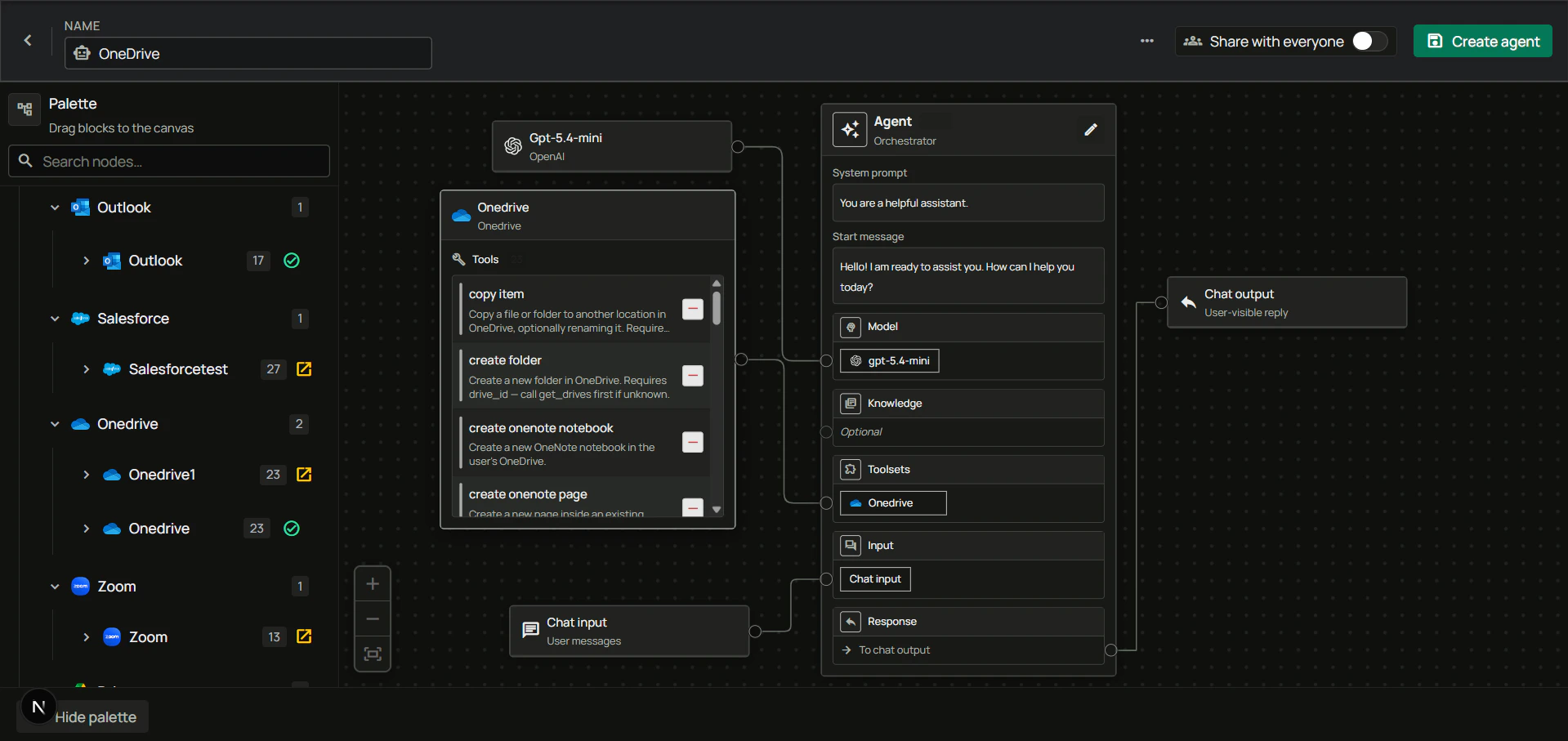 Agent builder with a Microsoft 365 toolset connected