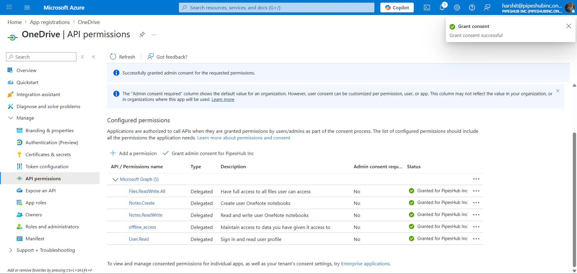API permissions with Grant admin consent