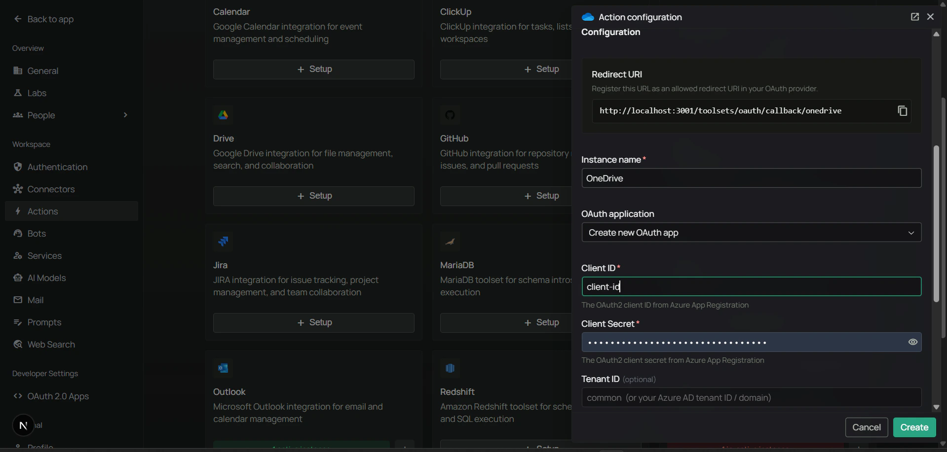 PipesHub Configure OneDrive dialog showing Redirect URI