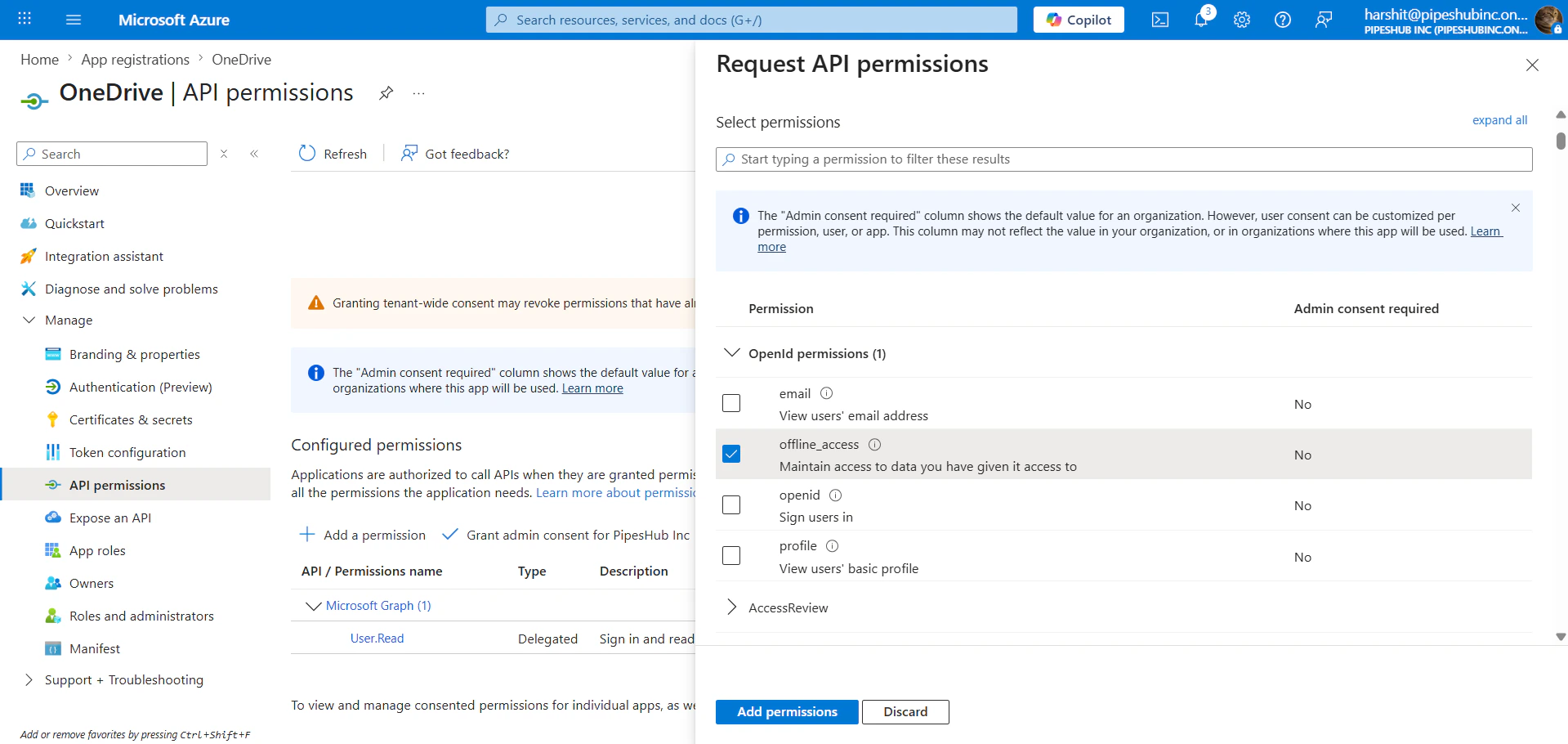 Microsoft Graph delegated API permissions for OneDrive
