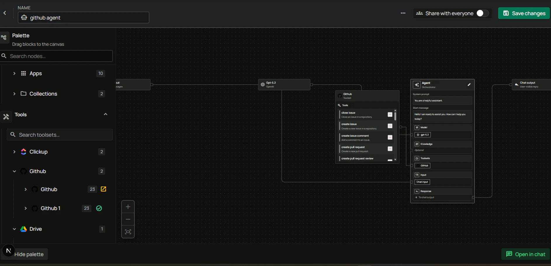 Agent builder with GitHub toolset connected