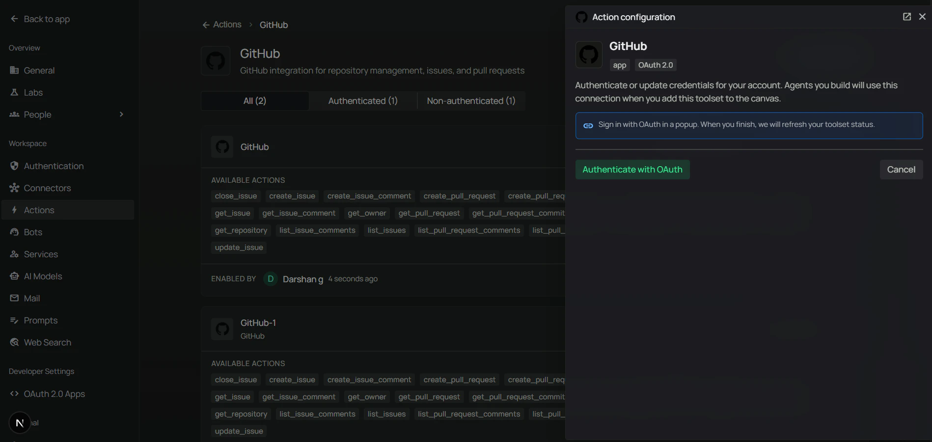 Authenticate GitHub toolset with OAuth
