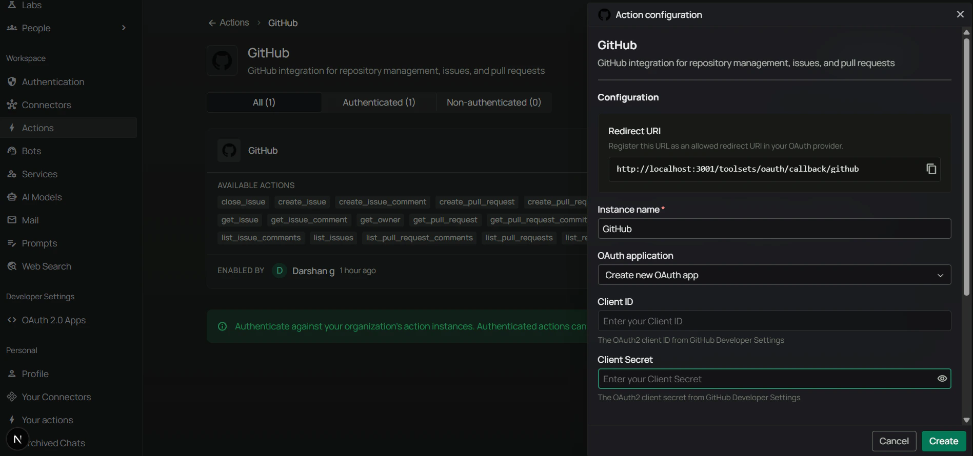 PipesHub Configure GitHub dialog showing Redirect URI